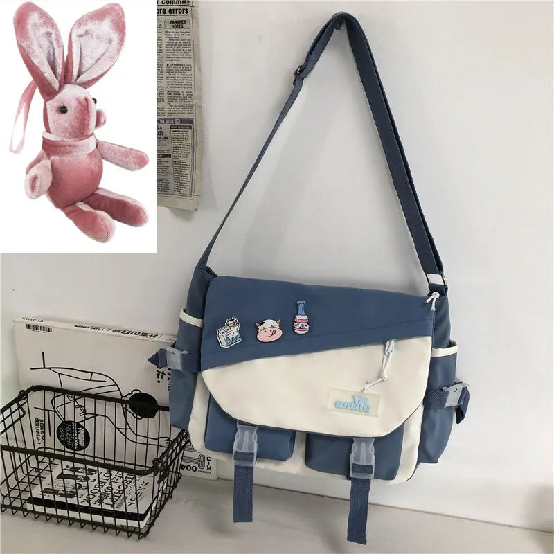 Harajuku Nylon Messenger Bag with Cute Badge Pins – Large Capacity