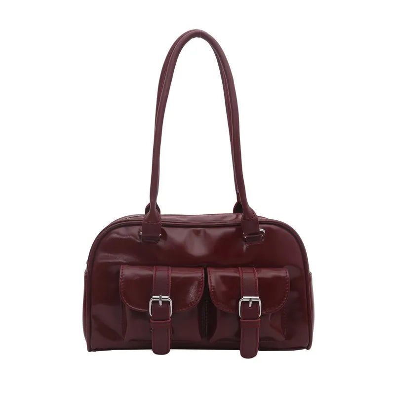Patent Leather Tote Bag for Women – Retro Buckle Shoulder Handbag
