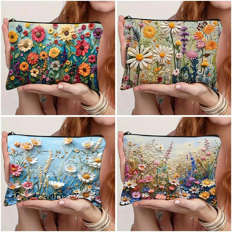 Colorful Flowers Pattern Makeup Bag 3d Floral Coin Purse Double Sided Print Clutch Women Travel Bag