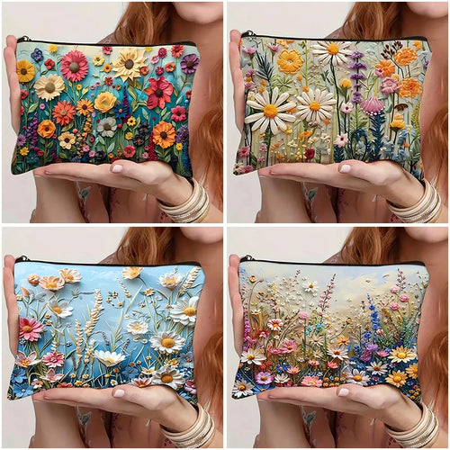 Colorful Flowers Pattern Makeup Bag 3d Floral Coin Purse Double Sided Print Clutch Women Travel Bag