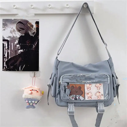 Kawaii Japanese Nylon Crossbody Bag with Transparent Pin Pocket