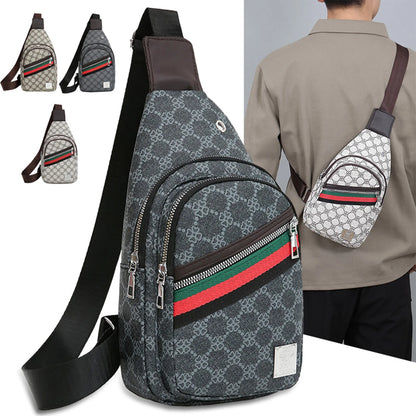 Sporty Functional Chest Bag Men Women Geometric Print Multi-Pocket Pu Headphone Port Shoulder