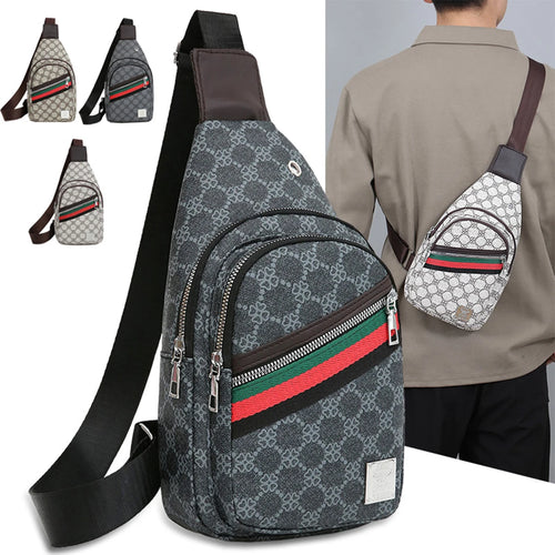 Sporty Functional Chest Bag Men Women Geometric Print Multi-Pocket Pu Headphone Port Shoulder