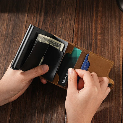 Double Aluminum Case Automatic Cartridge Card Clip Crazy Horse Leather Men Pop Bank Bag