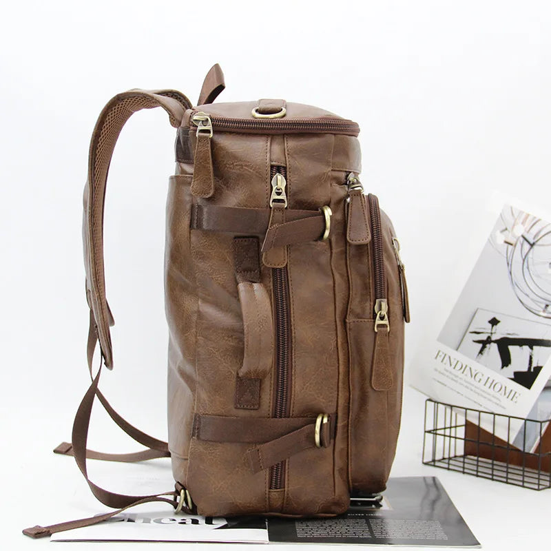 14-Inch Computer Bag Pu Leather Retro Multi-Functional Men S Backpack - Waterproof