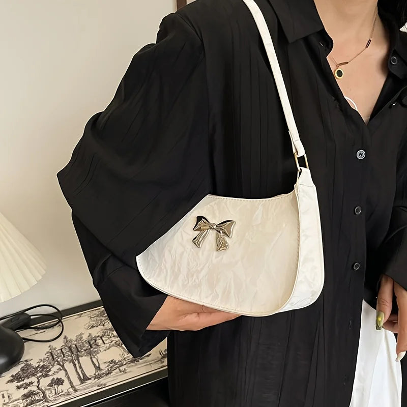 Bow Shoulder Bag – Women's Trendy Underarm Handbag with Metal Bow