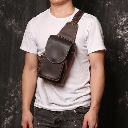 Men S Casual Genuine Leather Chest Bag Crazy Horse Leather Crossbody Large-Capacity Single-Shoulder