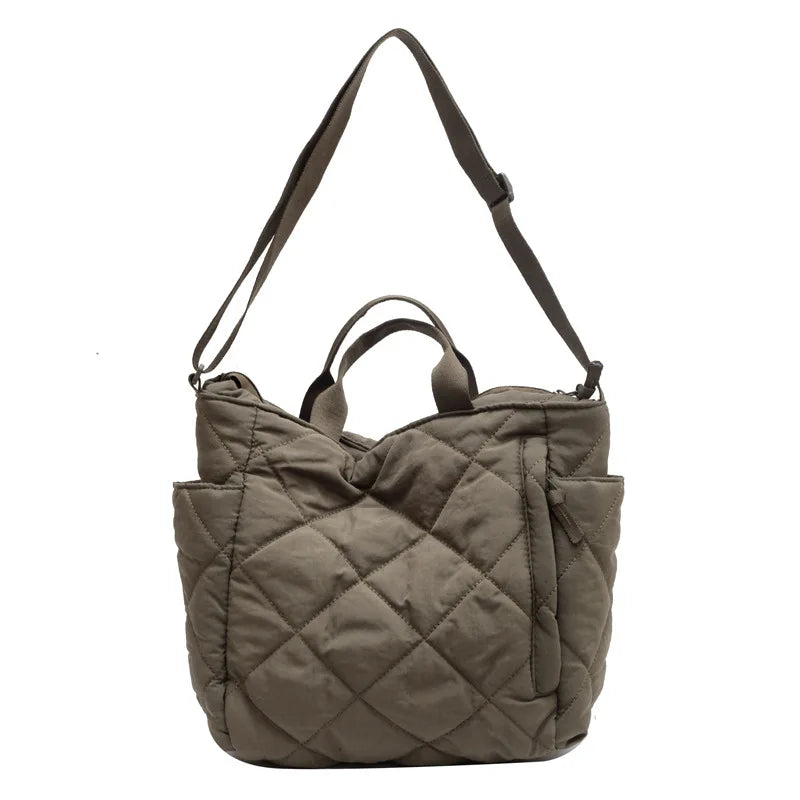 Quilted Nylon Tote Bag – Detachable Strap Multi-Pocket Shoulder Bag