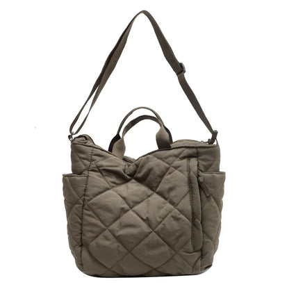 Quilted Nylon Tote Bag – Detachable Strap Multi-Pocket Shoulder Bag