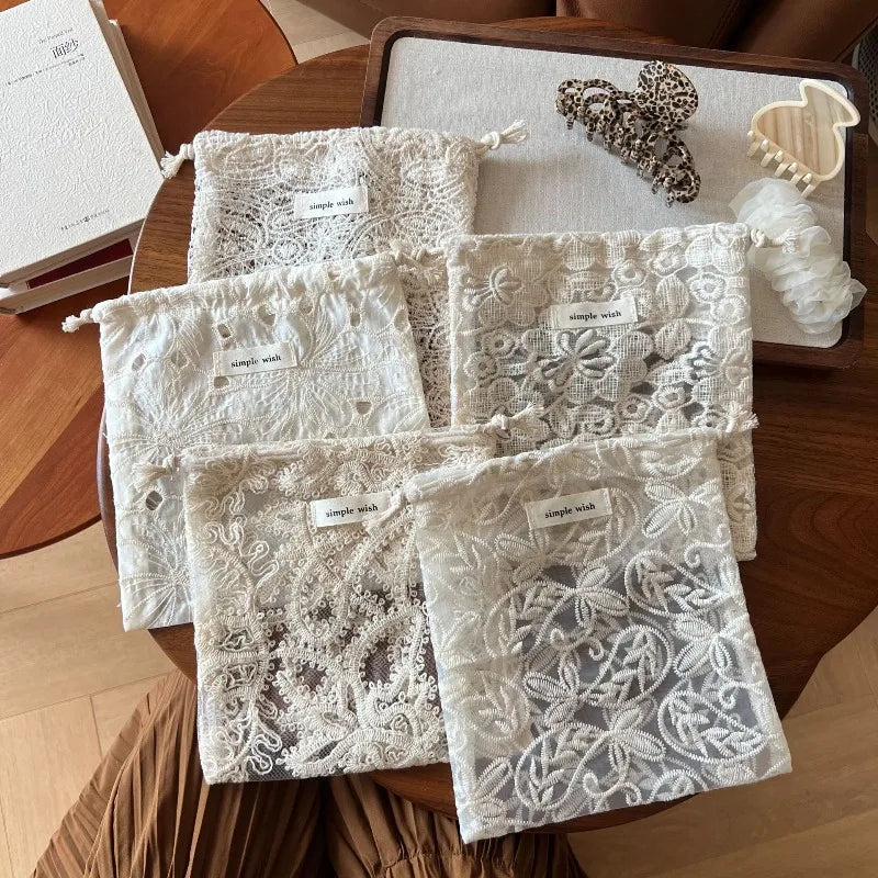 Lace Drawstring Makeup Pouch – Vintage Floral Hollow Design