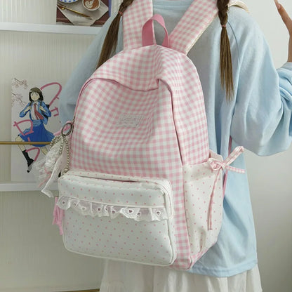 Lightweight Nylon Fabric Polka Dot Color-Blocking Backpack