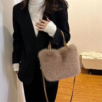 Faux Fur Handbag with Detachable Strap - Plush Tote Bag
