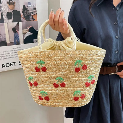Straw Fruit Embroidery String Casual Sweet Tote Bags Spring