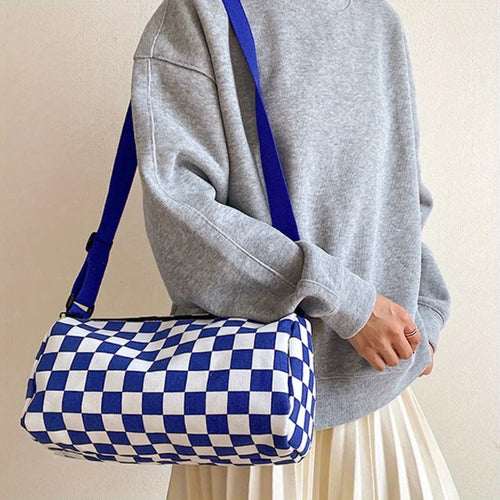 Chic Plaid Canvas Crossbody Bag Women - Adjustable Strap Sporty Boston Pillow Design