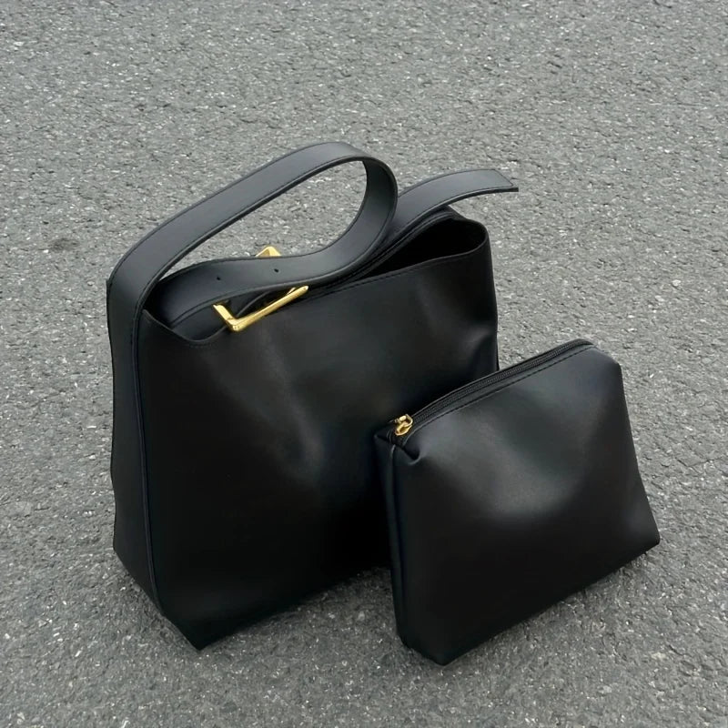 Women's Faux Leather Bucket Tote Bag with Pouch