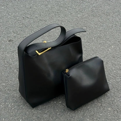 Women's Faux Leather Bucket Tote Bag with Pouch