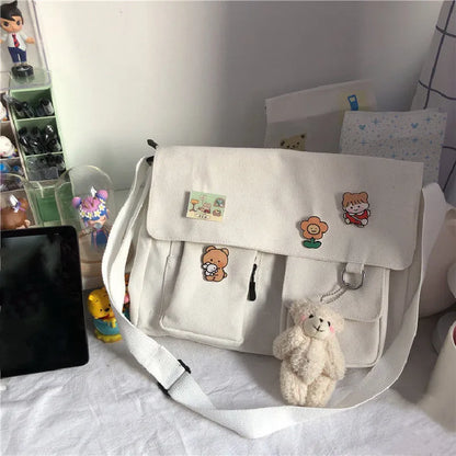 Cute Canvas Crossbody Bag for Women with Cartoon Badge Pins