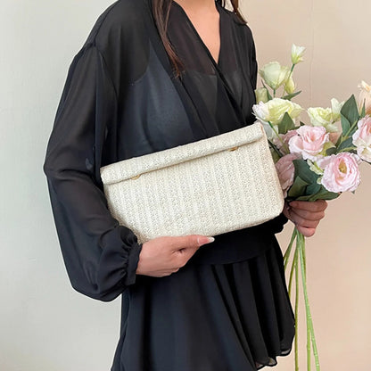 Vacation Wallet Solid Color Woven Straw Flip Bag Large Capacity Portable Handbag Daily Travel