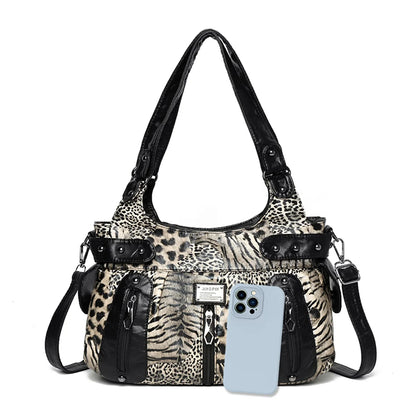 Retro Y2k Women Handbag Leopard Patchwork Pu Shoulder Bag Metal Multi Pocket Large Capacity