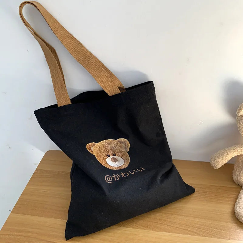 Bear Print Canvas Tote Bag – Large Capacity Shoulder Bag