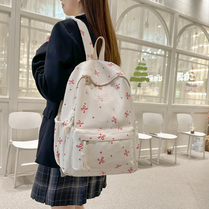 Women S Backpack - Bow Dot Print Nylon School Bag Adjustable Straps Multiple Compartments College