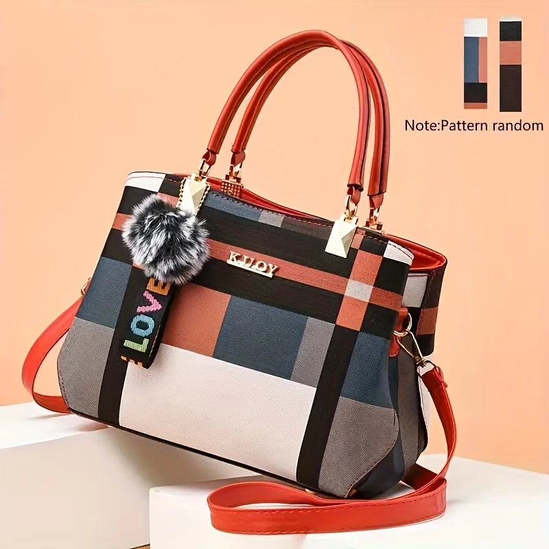 Plaid Small Tote Bag Ball Decoration Multi Layer Handbag Shoulder Crossbody Women Date Party Student