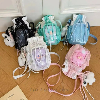 Cute Polka Dot Ita Crossbody Bag with Clear Window & Drawstring