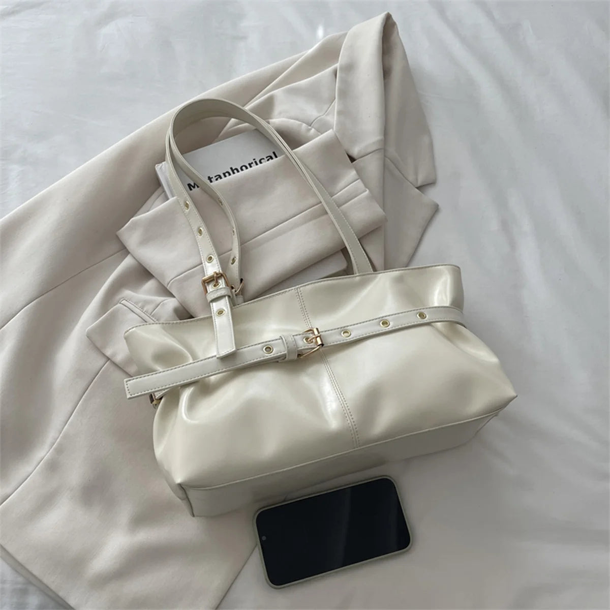 Trendy Simple Women Shoulder Bag Solid Color Soft Pu Leather Tote Large Capacity Handbag Commute