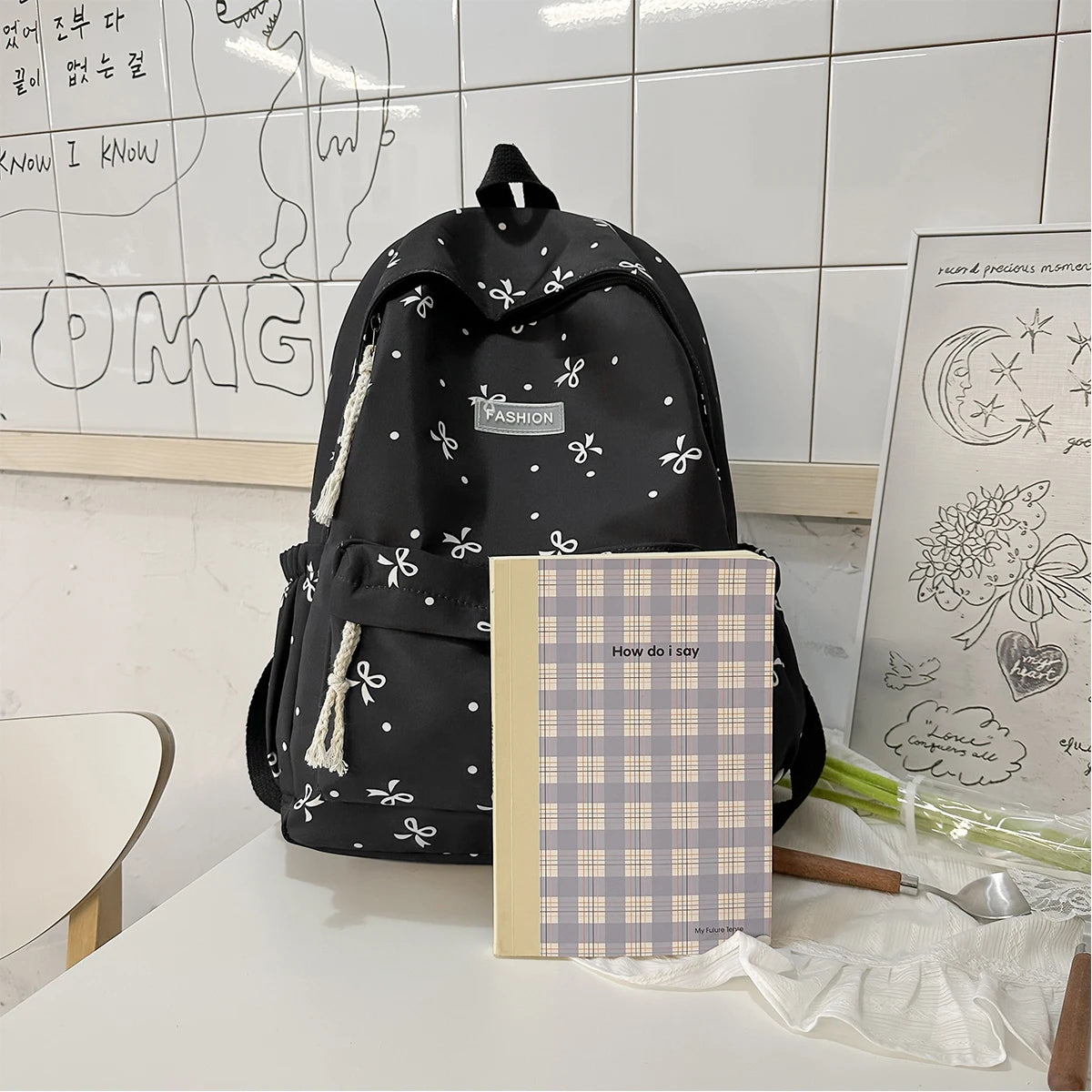 Women S Backpack - Bow Dot Print Nylon School Bag Adjustable Straps Multiple Compartments College