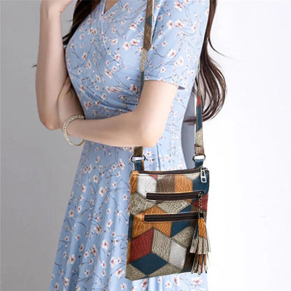 Retro PU Leather Crossbody Bag – Color Block Plaid & Tassel