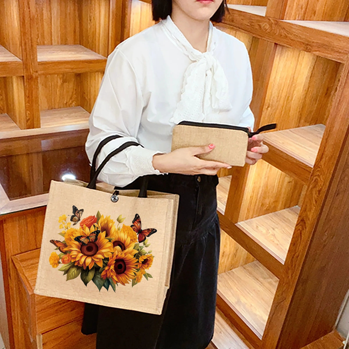 Sunflower Print Handbag & Coin Purse Set – 2-Piece Lightweight Tote