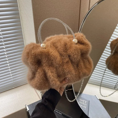 Faux Fur Crossbody Bag with Pearl Chain Strap