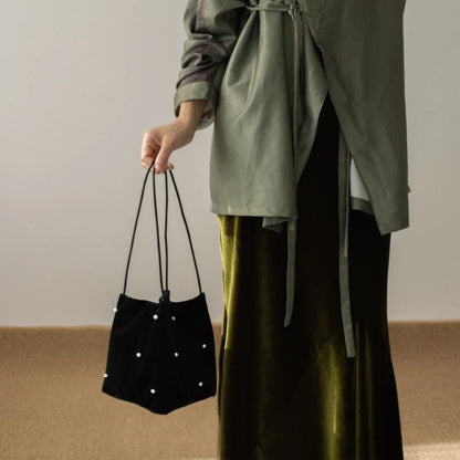Black Velvet Shoulder Bags Women Vintage Tassel Creativity Pearl Stylish Bucket Tote Bag Elegant