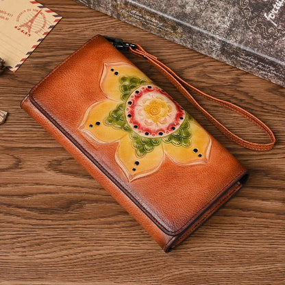 Retro Handcrafted Long Wallet Women Top Layer Cowhide