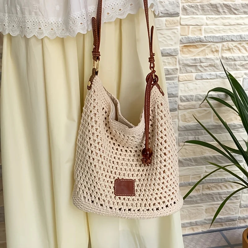 Minimalist Beige Woven Tote Bag Brown Handles Versatile Shoulder Bags