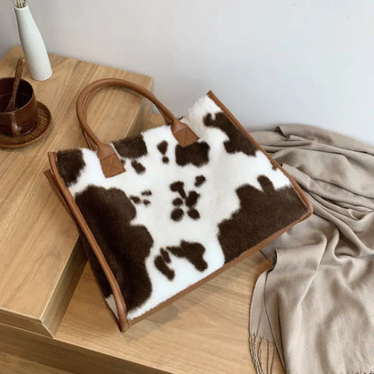 Plush Tote Bag Women's Fuzzy Handbag with Leather Trim