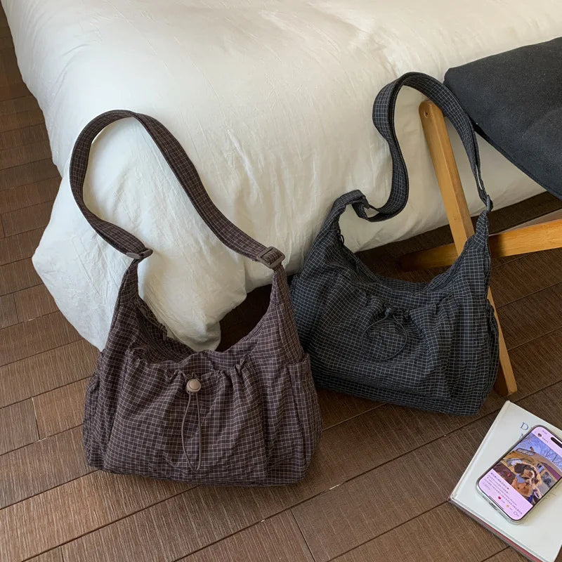 Plaid Drawstring Crossbody Bag – Large Capacity Shoulder Tote