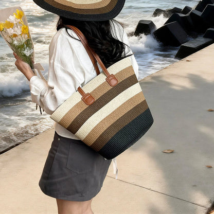 Vacation Fresh Women Shoulder Bag Stripe Woven Open Weave Tote Large Capacity Breathable Straw