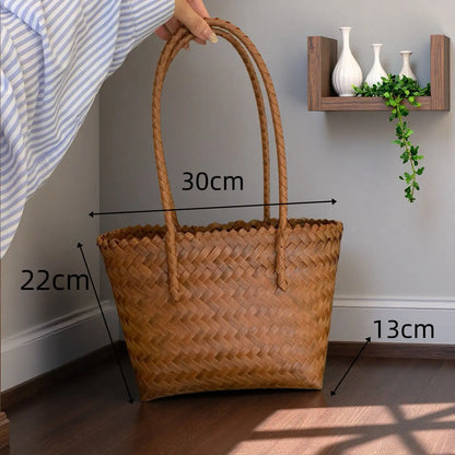 Handwoven Straw Tote Bags Multi Size Natural Woven Basket Bag Handbag Bamboo Handles Women Bohemian