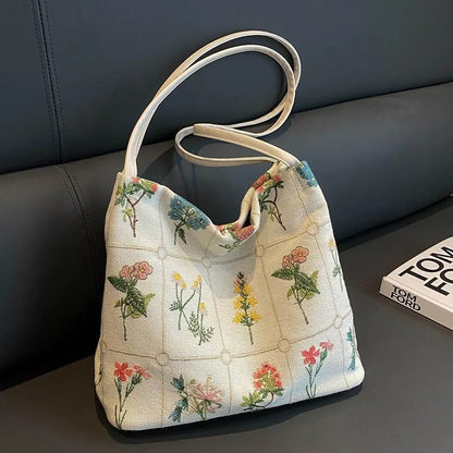 Floral Embroidery Corduroy Tote Bag – Large Capacity Shoulder Purse