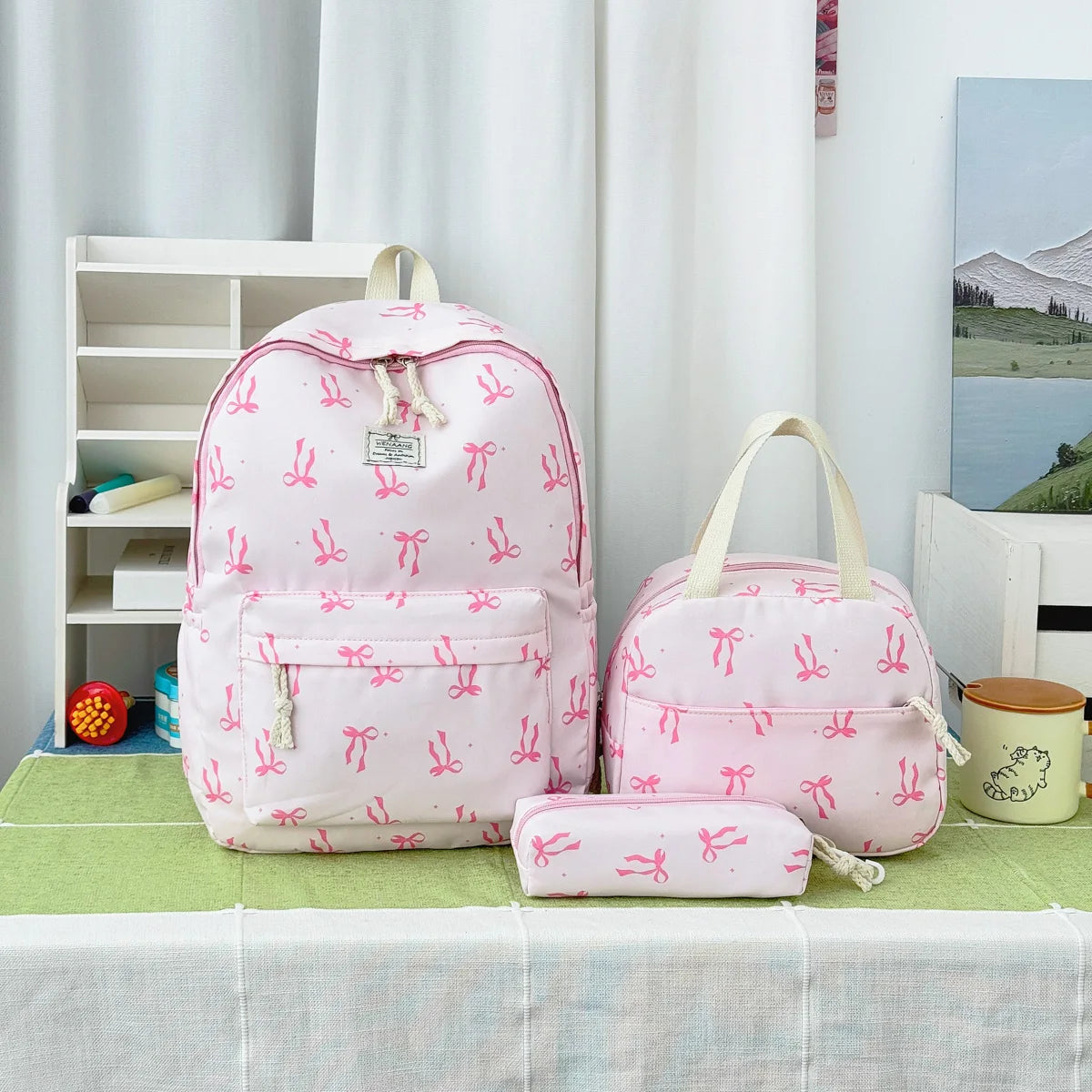 Sweet Girl Style Bow Print Three Piece Backpack Set Nylon Lightweight Large Capacity Campus