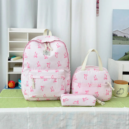 Sweet Girl Style Bow Print Three Piece Backpack Set Nylon Lightweight Large Capacity Campus