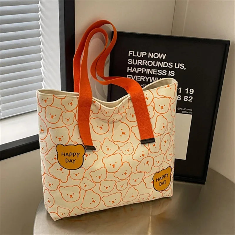 Bear Print Canvas Tote Bag – Cute Cartoon Shoulder Bag for Women
