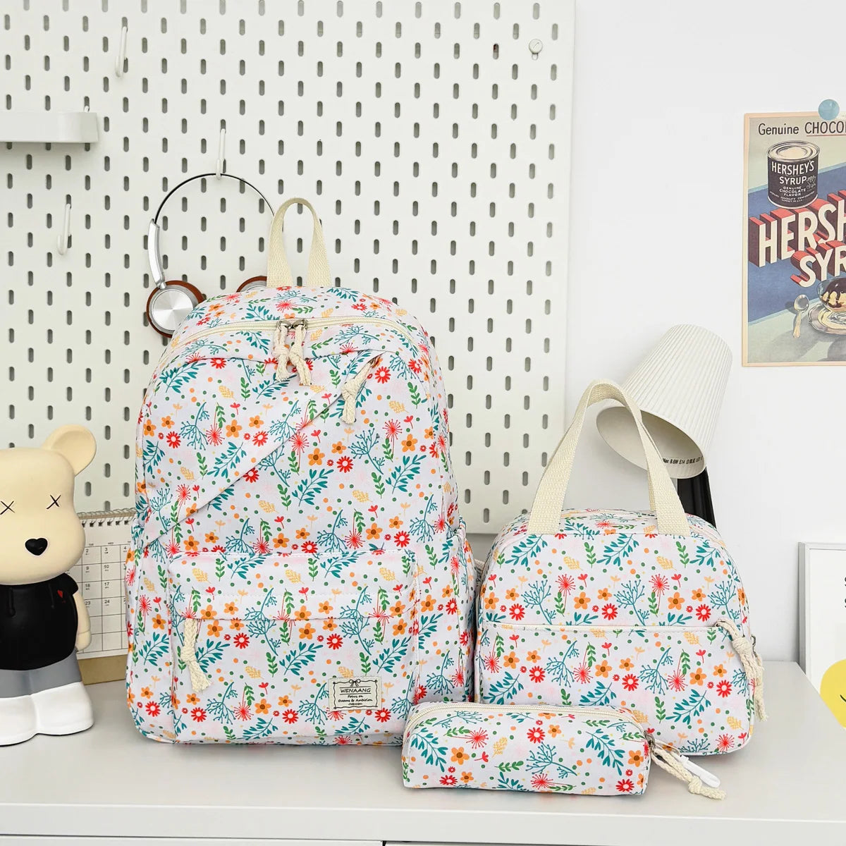 Fresh Lovely Floral Teen Backpack Set Multi-Purpose Large Storage Diagonal Zipper 3-Piece Backpack