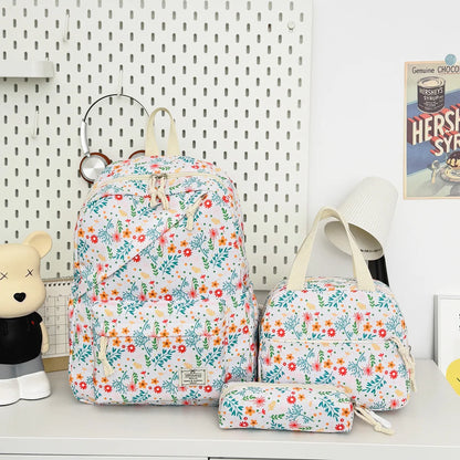 Fresh Lovely Floral Teen Backpack Set Multi-Purpose Large Storage Diagonal Zipper 3-Piece Backpack