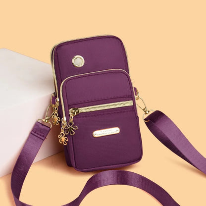 Mini Crossbody Phone Bag with Multi Zipper Pockets & Gold Hardware