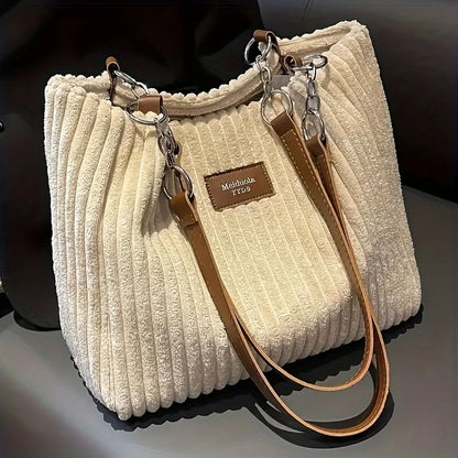 Corduroy Tote Bag with Chain Strap – Large Shoulder Bag