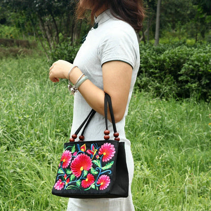 Embroidered Floral Handbag with Double Zipper & Beaded Handle
