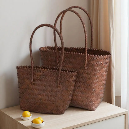 Handwoven Straw Tote Bags Multi Size Natural Woven Basket Bag Handbag Bamboo Handles Women Bohemian