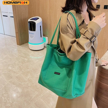 Homefish Canvas Bag Reusable Shopping Shoulder Women Simple Casual Daily Use Handbag Totes Female
